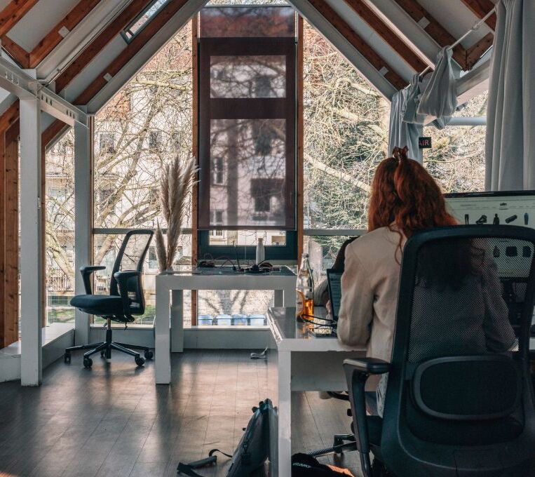Zwei Personen arbeiten an separaten Schreibtischen in einem hellen Büro mit großen Fenstern, sichtbaren Holzbalken und Blick ins Grüne